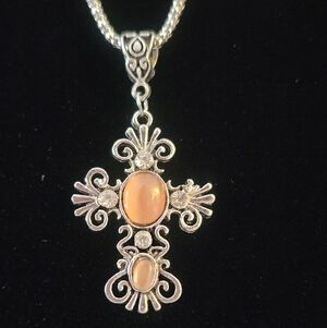 Ornate Silver Cross Necklace with Peach Cabochon Stones Custome Jewerly New